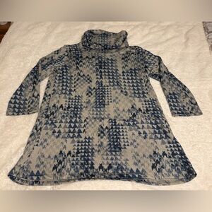 Women’s small Multiples Cowl Neck lightweight tunic 3/4 Sleeve Blue/Tan